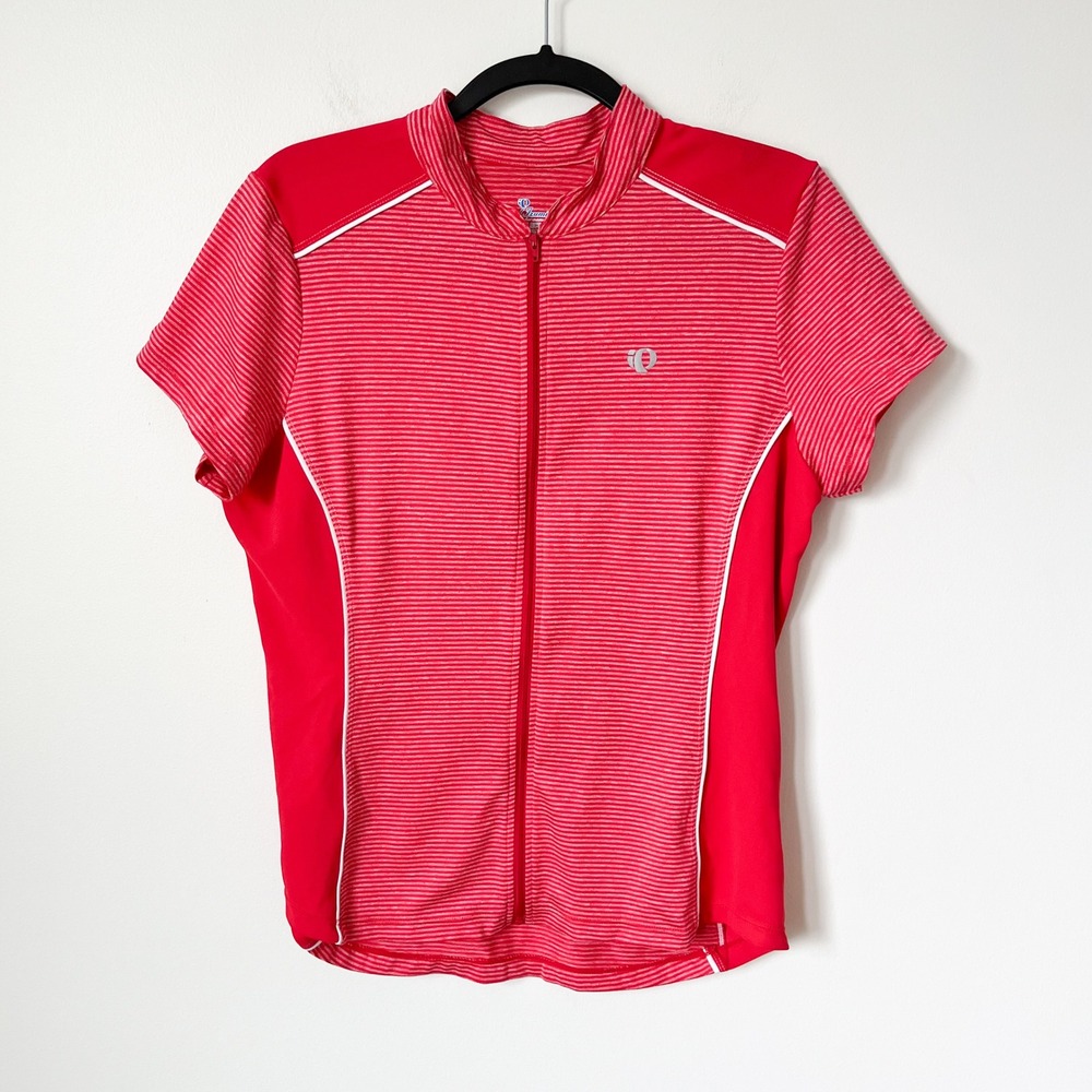 Pearl Izumi Striped Short Sleeve Zip Up Cycling Shirt Pockets Women XL Red White